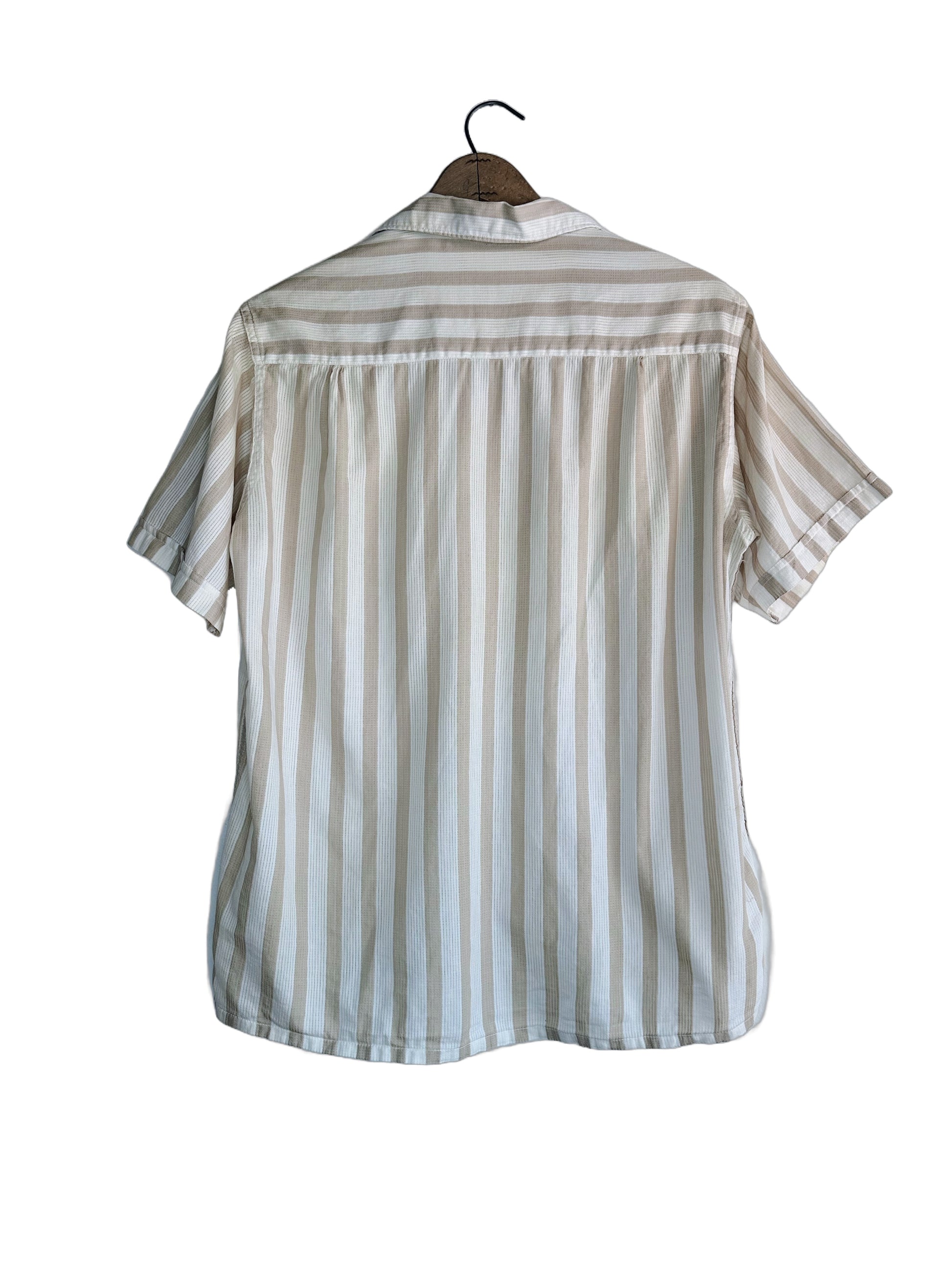back view of shirt. Vertical stripes on shoulders, horizontal stripes on body 
