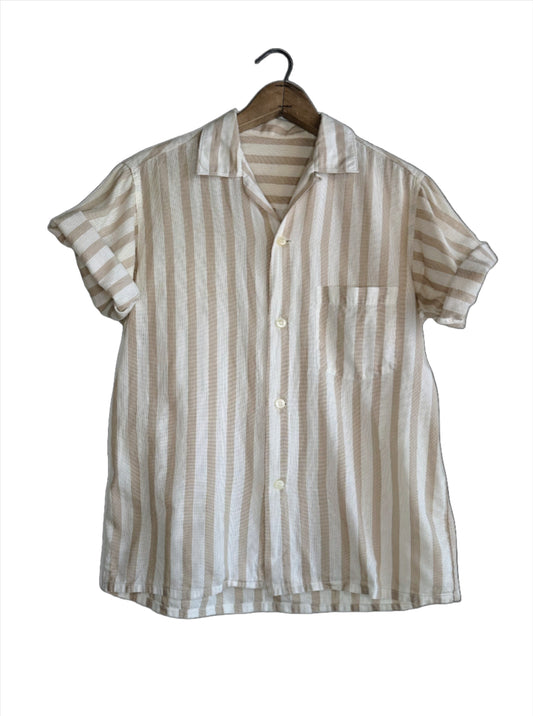 lightweight striped shirt, beige and white stripes. button front and loop collar 