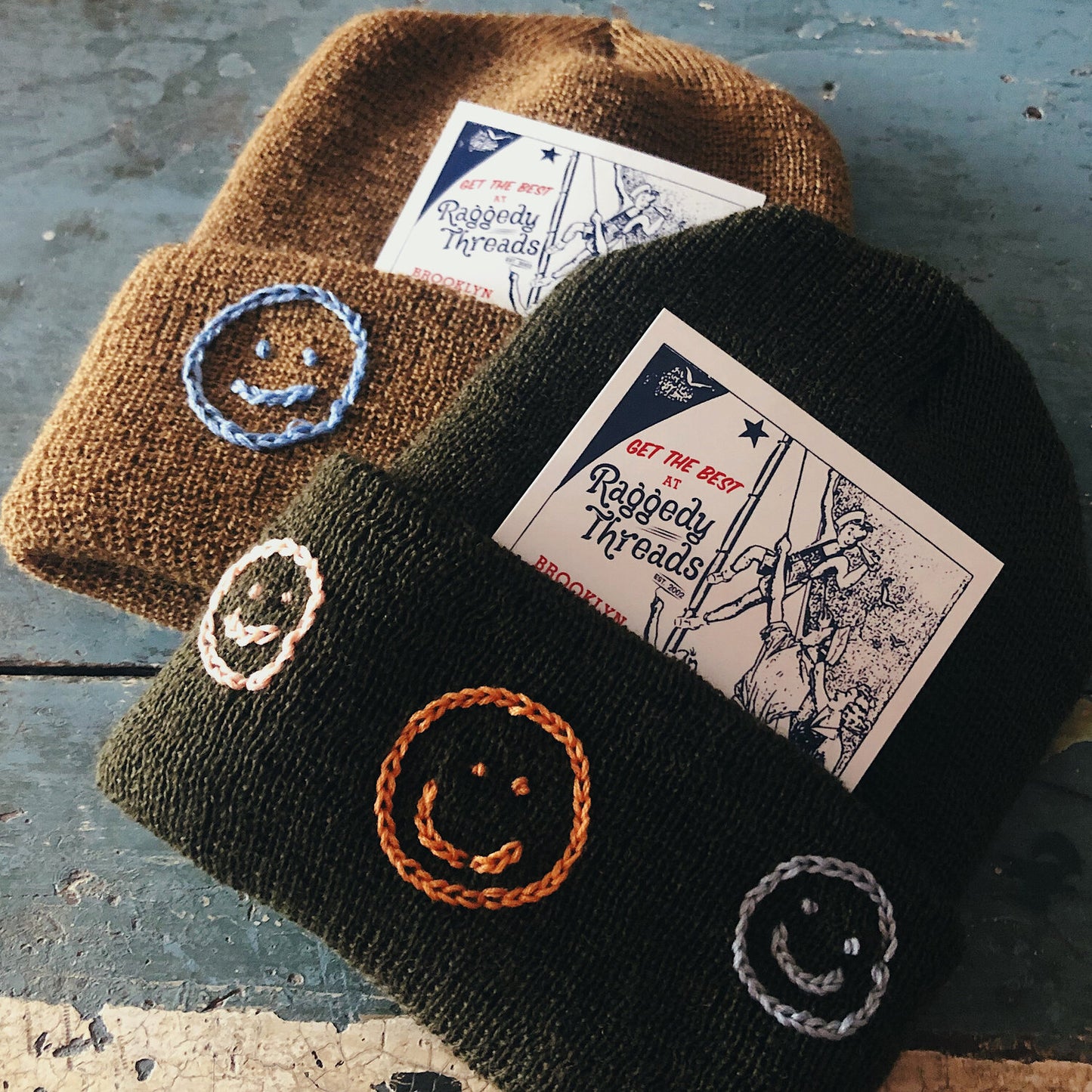 camel and olive wool watch caps