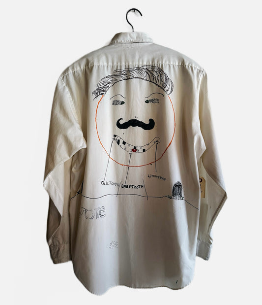 pilgrim brand hand drawn dress shirt with detail drawing of face and teeth 