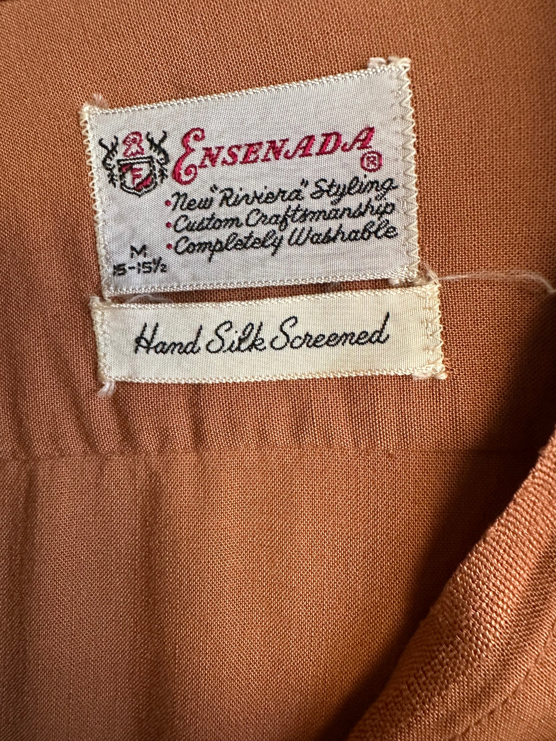 tag detail- enseanada , new riveiera styling. Custom craftsmanship. Completely Washable. Hand Silk Screened. M 15-15 1/2
