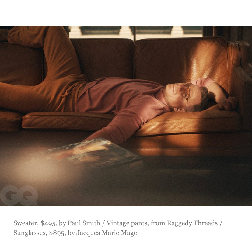 GQ 2020 Daniel Craig lounging on couch. Vintage pants from Raggedy Threads. 