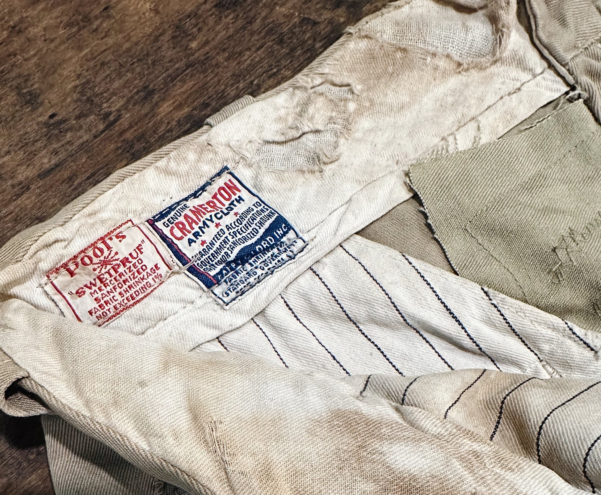 40s "Cramerton" Army Chinos label details 